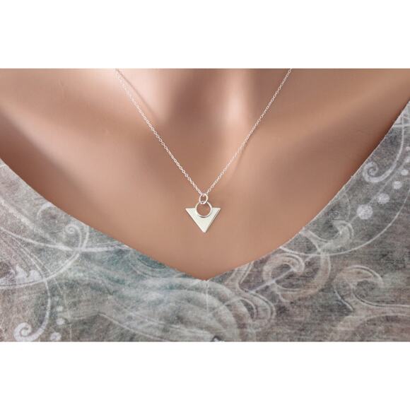 Sterling Silver Triangle Pendant Necklace, Silver Triangle Statement Necklace, - Picture 2 of 3